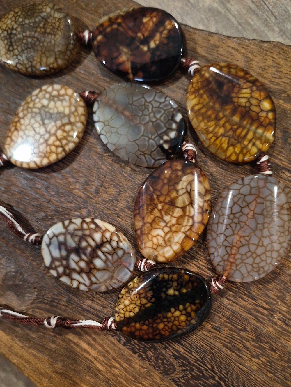 Earth Toned Polished Stone Beaded Cord Necklace, Lobster Closure, Extender - Picture 4 of 9